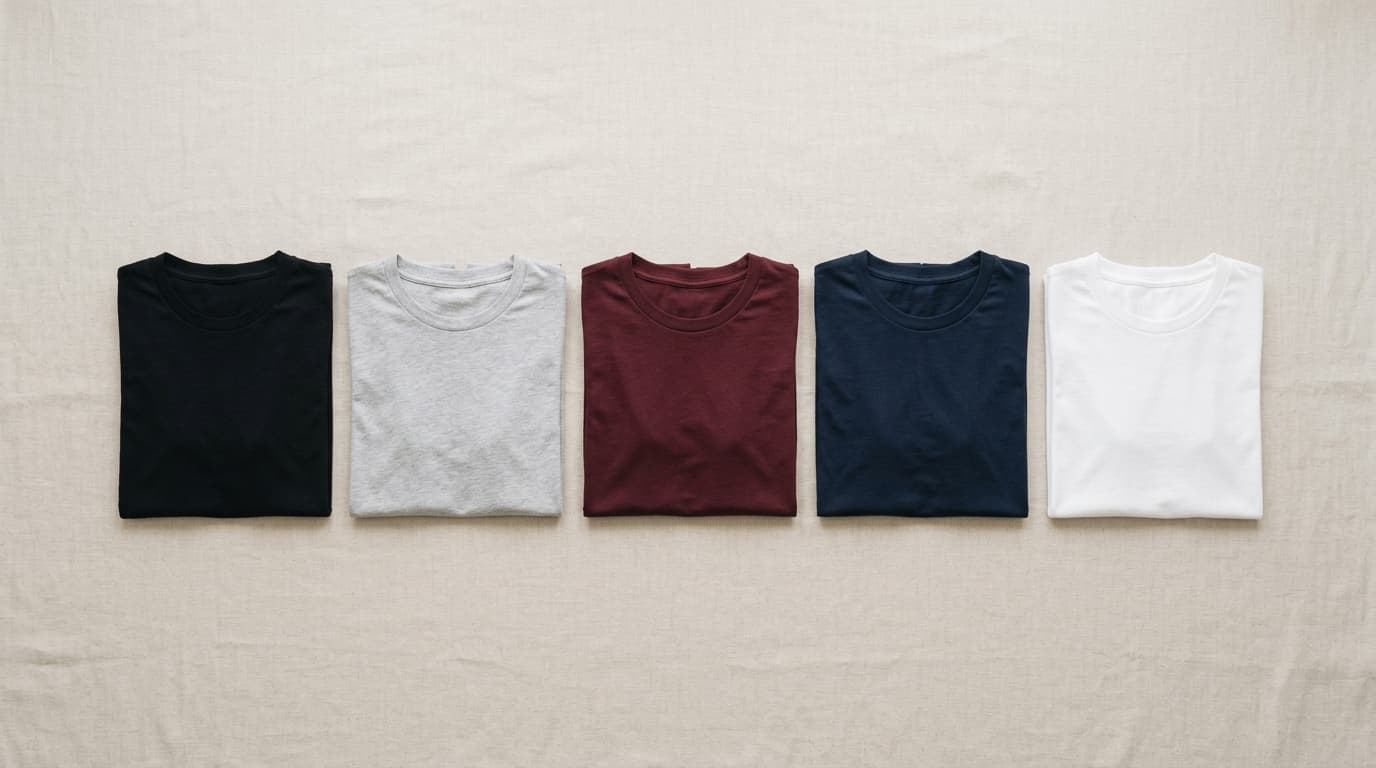 Five folded plain cotton tees in black, light grey, maroon, navy blue and white, laid in a row