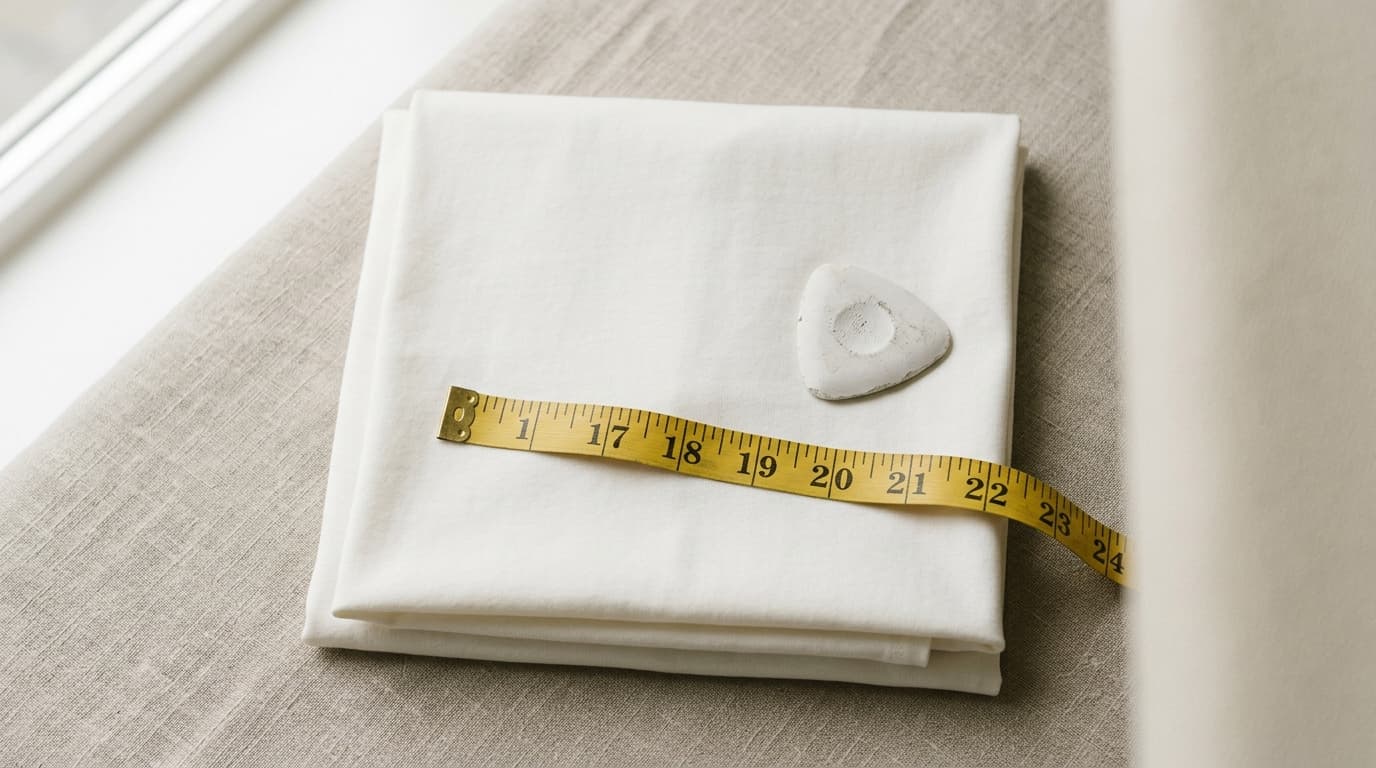 A tailor's measuring tape and chalk resting on a folded plain cotton tee