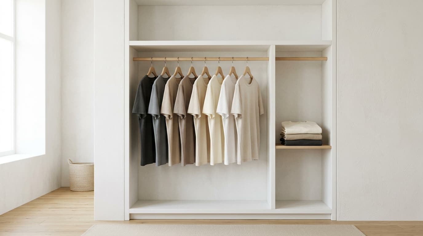 A wardrobe rail hung with a row of identical plain cotton tees beside a small folded stack — a wardrobe built around one fit