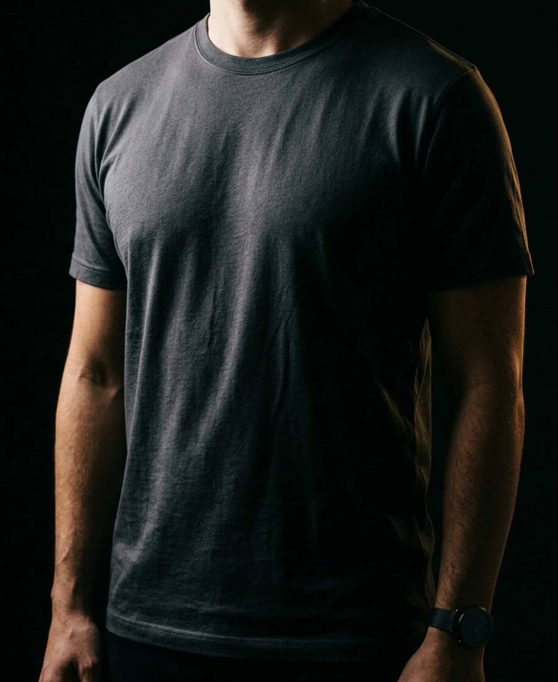 Boring Label charcoal Supima cotton round-neck t-shirt worn against a dark studio backdrop