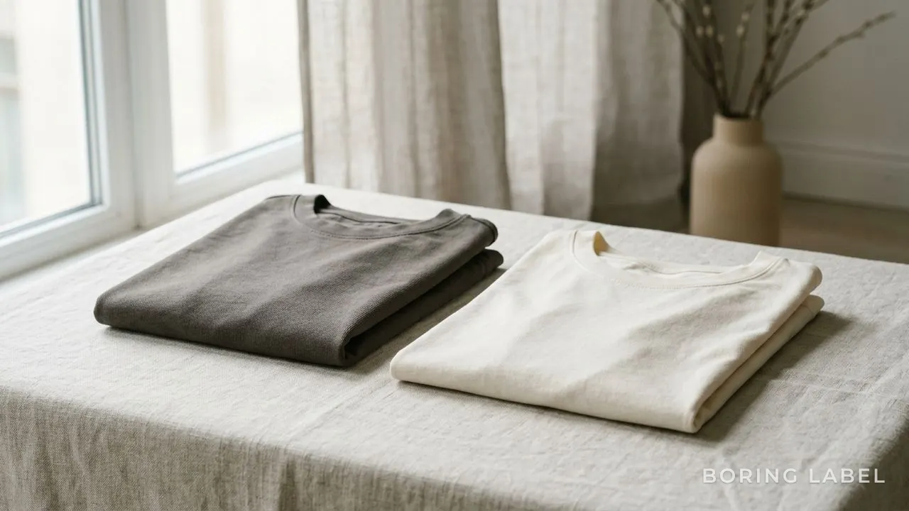 Two folded plain cotton t-shirts side by side on a pale linen surface, one visibly denser, soft natural window light, neutral earthy tones, calm minimalist still life