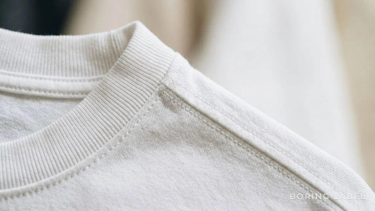 Close-up of a ribbed t-shirt collar and reinforced shoulder seam on white cotton, sharp knit texture, soft diffused daylight, neutral palette, editorial macro photography