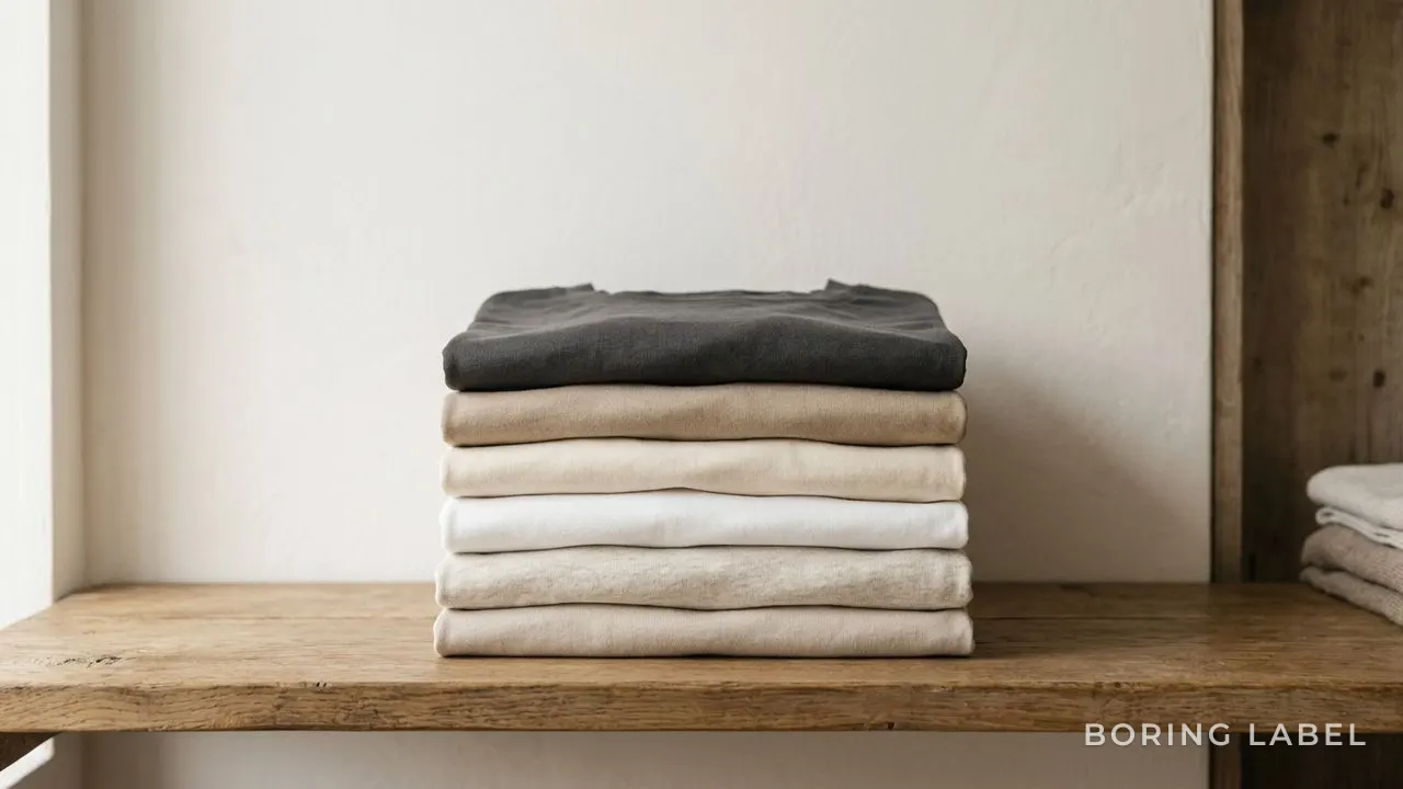 A neat stack of folded plain t-shirts in muted neutral colours on a wooden shelf, soft morning light, calm wardrobe still life, no logos, earthy minimalist tones
