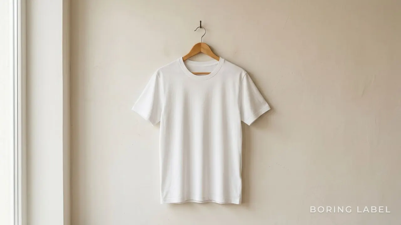 A single plain crew-neck t-shirt hanging alone on a wooden hanger against a soft neutral wall, calm editorial light, no graphics or text