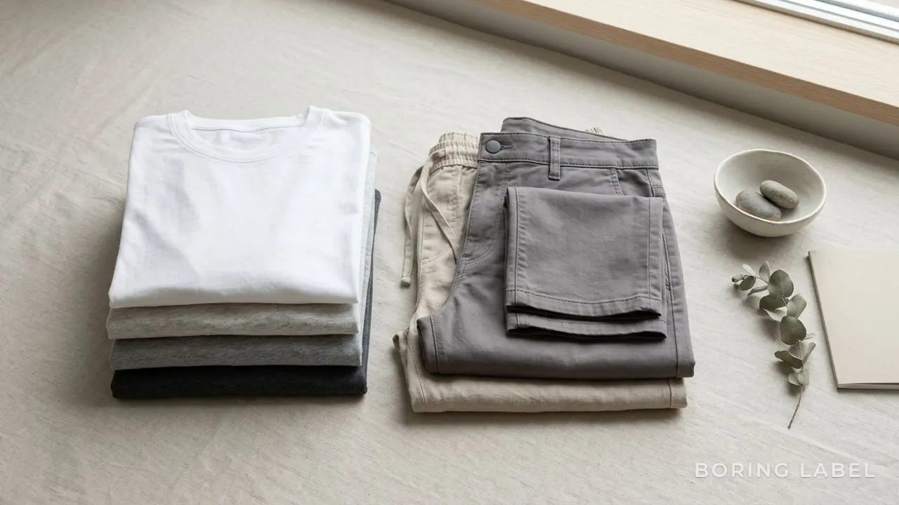 Neutral folded basics in white, grey and charcoal stacked beside plain trousers on a pale surface, soft daylight, tidy minimalist flat-lay