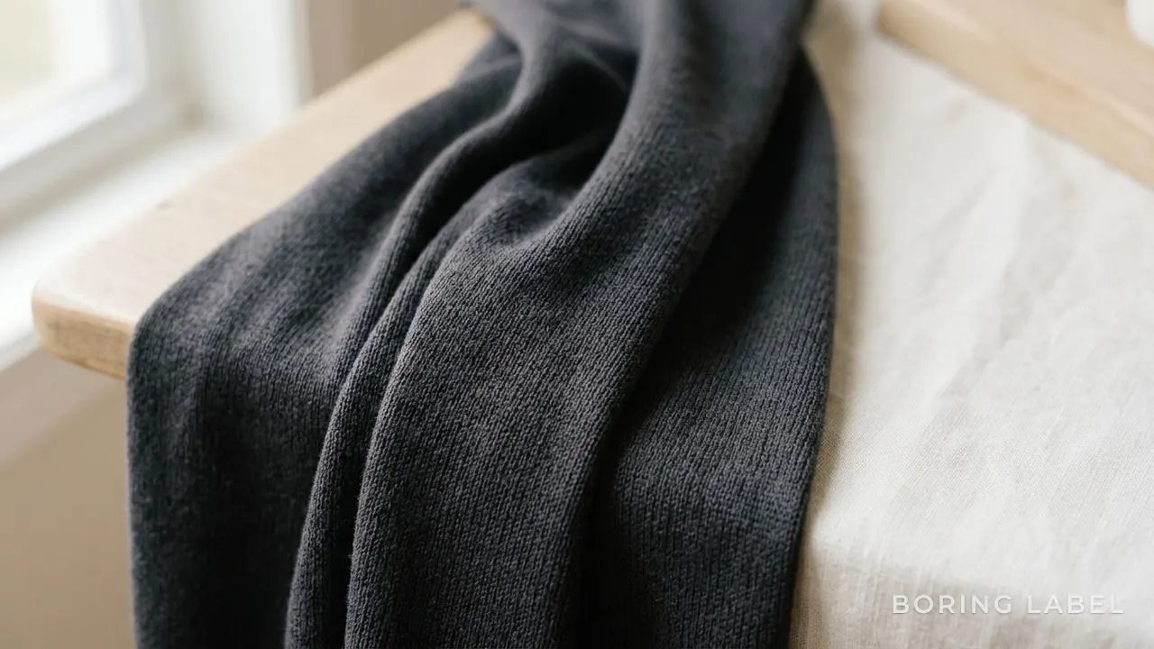 Close-up of fine cotton knit texture in deep charcoal, showing subtle weave and natural drape, low warm light, no text or branding