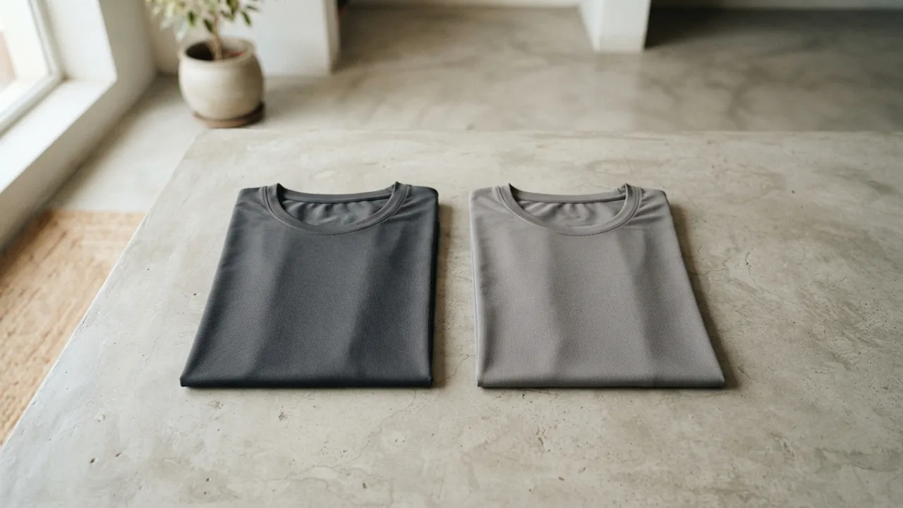 Flat lay of neutral grey and charcoal performance t-shirts on a light surface, minimal styling, soft even studio light, close-up fabric texture visible