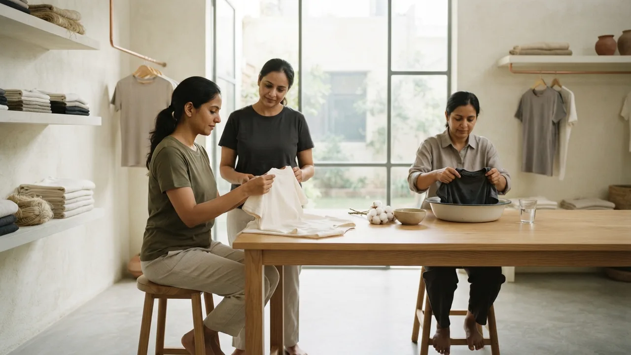 Minimalist editorial photo illustrating buy the treatment as a bonus on top of good fabric, not as a substitute for it, and keep washing your tees the way you should regardless of what the tag promises., muted neutral tones, soft natural light, premium plain t-shirt context