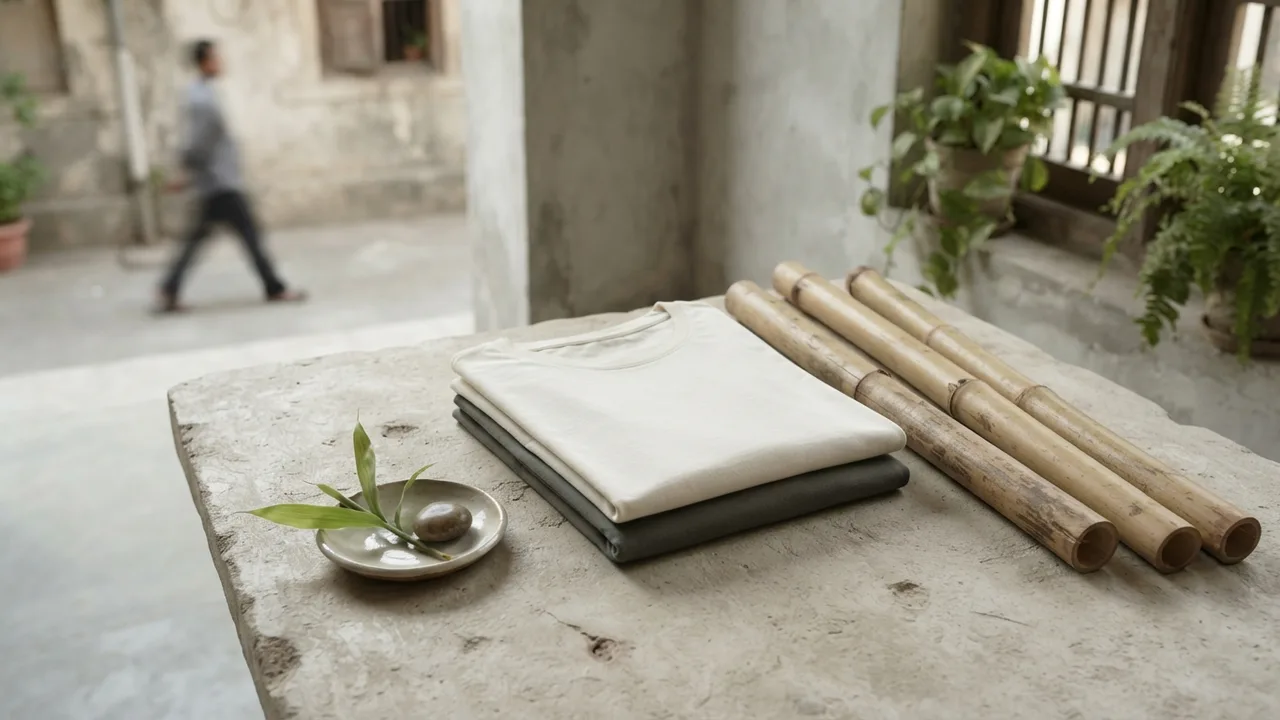 Flat-lay of soft bamboo viscose fabric folded neatly beside raw bamboo stalks, natural light, sage green and cream tones, minimalist editorial still life