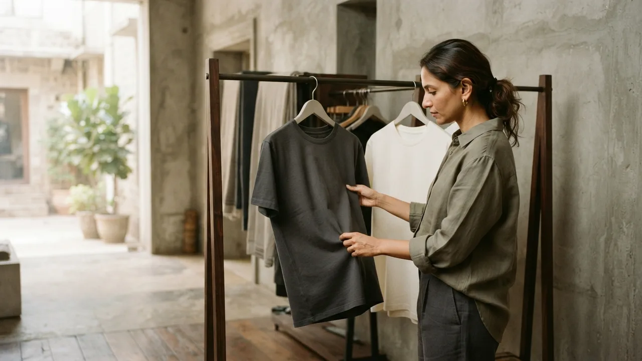 Minimalist editorial photo illustrating knowing this hierarchy helps when you are comparing two silky-feeling shirts on a rack and trying to figure out which one is actually the better long-term buy., muted neutral tones, soft natural light, premium plain t-shirt context