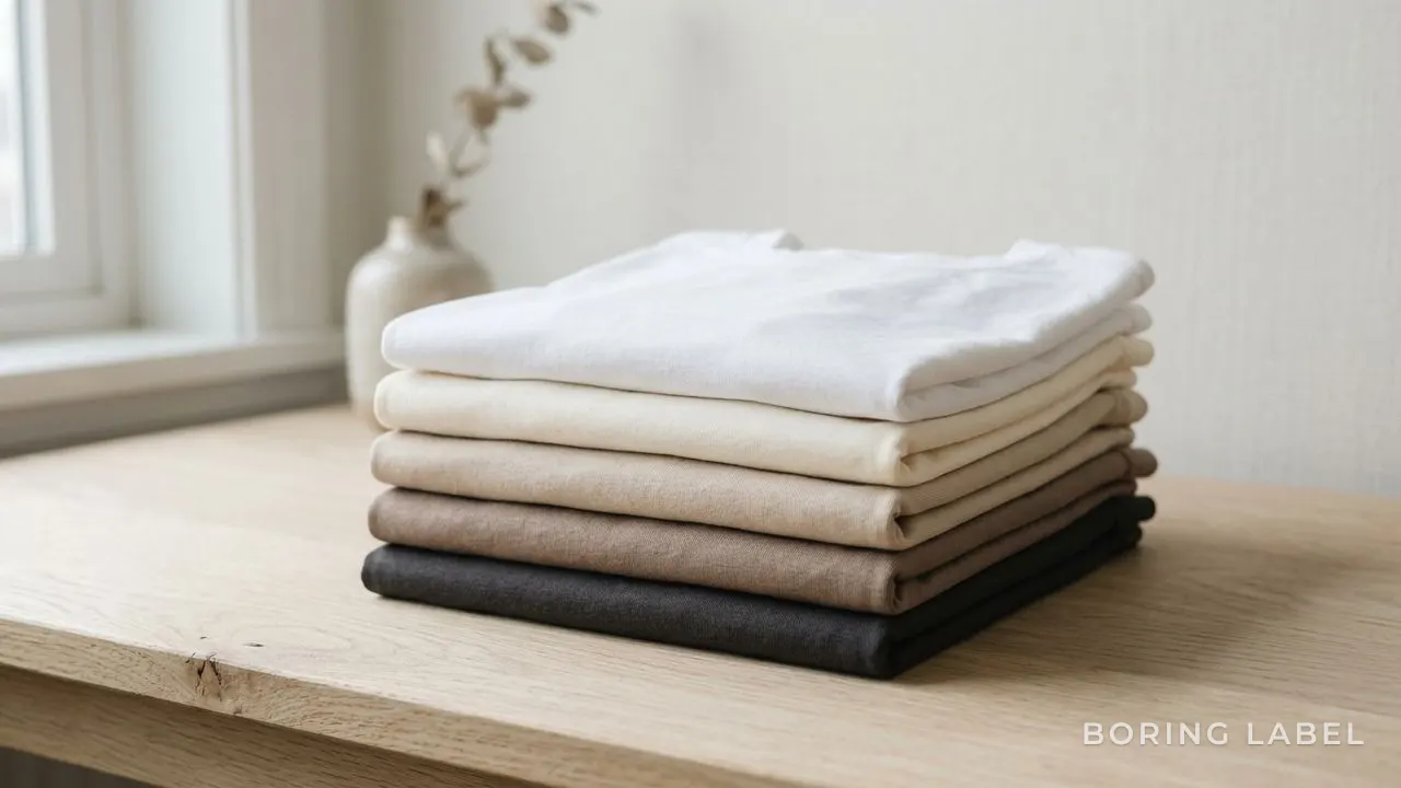 Folded stack of plain cotton t-shirts in neutral earth tones on a pale wooden surface, soft morning light, calm minimalist still life