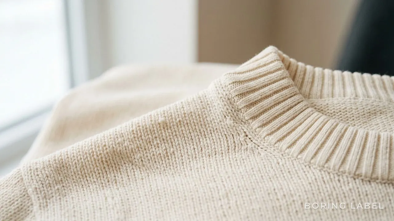 Close-up of cotton knit fabric texture showing a tight even weave and a ribbed collar edge, neutral cream tone, natural light