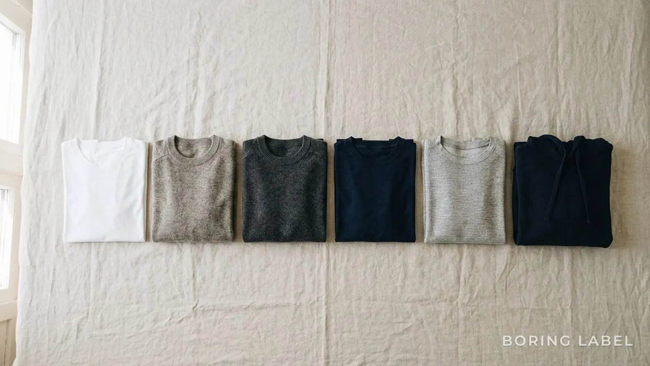Neutral wardrobe flat-lay of folded basics in white, grey, charcoal and navy arranged in a tidy row on linen, soft even daylight