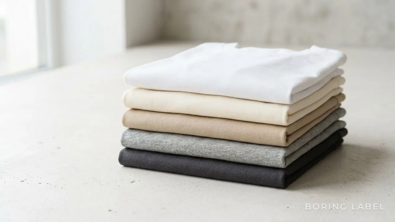 Several plain folded t-shirts in neutral tones stacked on a pale surface, soft daylight, focus on fabric texture and clean edges, no text or logos
