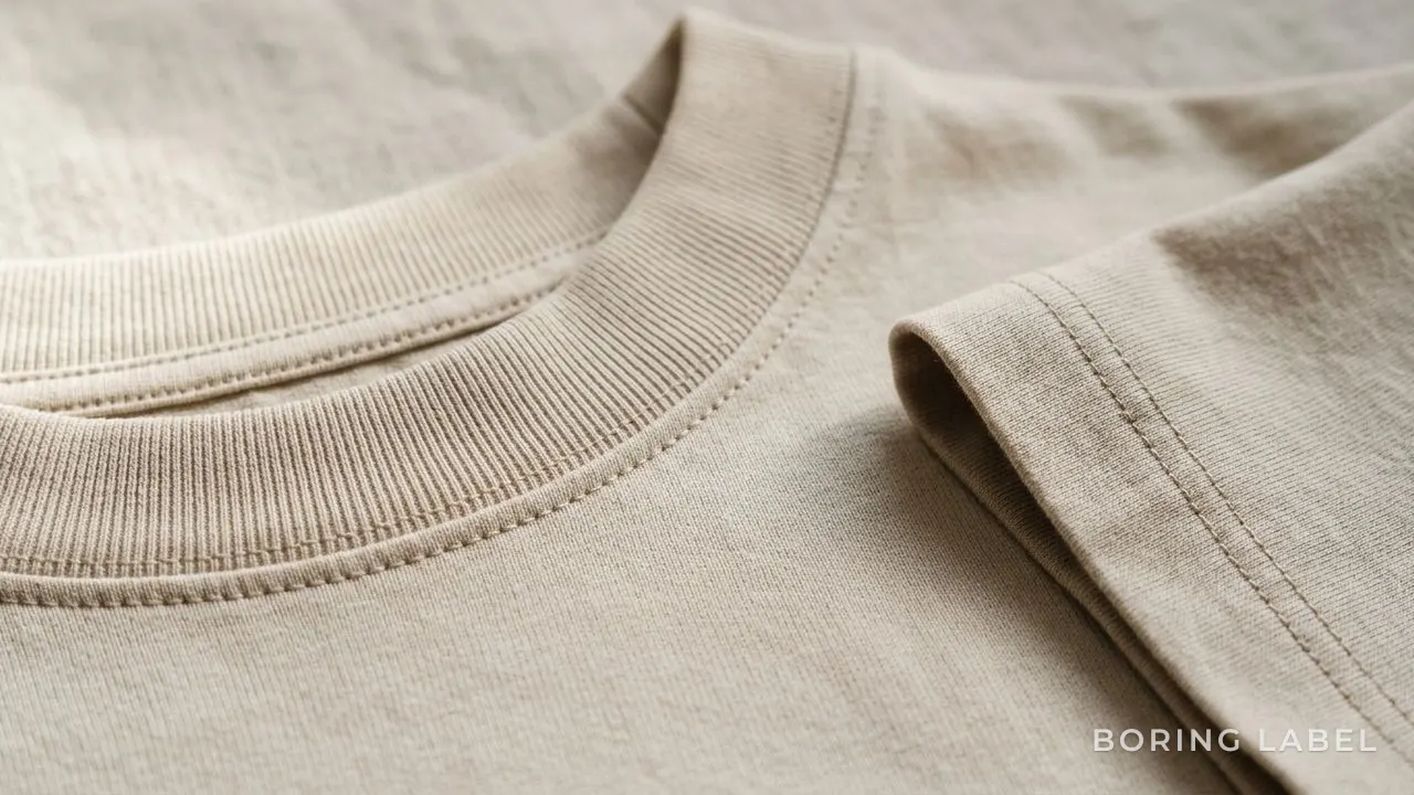 Close-up of a ribbed t-shirt collar and double-needle hem stitching on neutral cotton, raking light showing construction detail, no text or logos