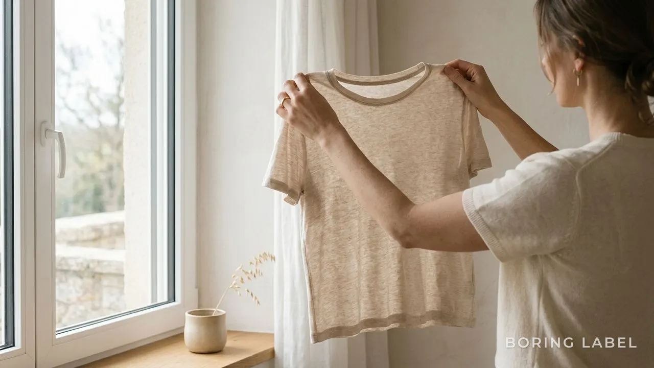 A neutral tee held up to soft window light to test opacity, fabric drape visible, calm minimalist still-life, no text or logos
