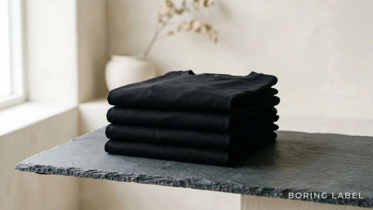 Folded black cotton t-shirts stacked on a dark slate surface, soft directional light catching the fabric texture, moody minimal still life, no logos or text