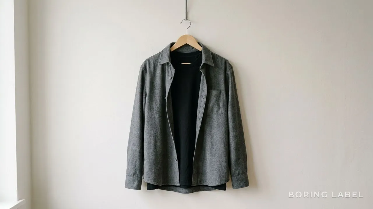 Black tee layered under an open grey overshirt on a plain wooden hanger against a pale wall, soft daylight, calm minimal composition, neutral tones, no text