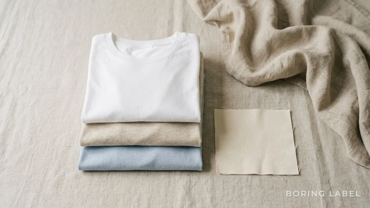 Neutral flat-lay of folded summer tees in white, sand and pale blue beside loose linen and a swatch of cotton, soft natural light, calm earthy palette