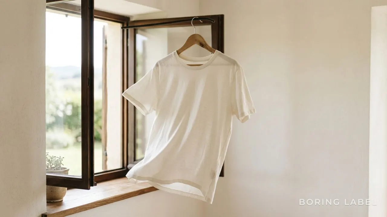 A single light cotton tee on a wooden hanger by an open window, fabric lifting gently in a breeze, bright airy daylight, neutral off-white tones, no text