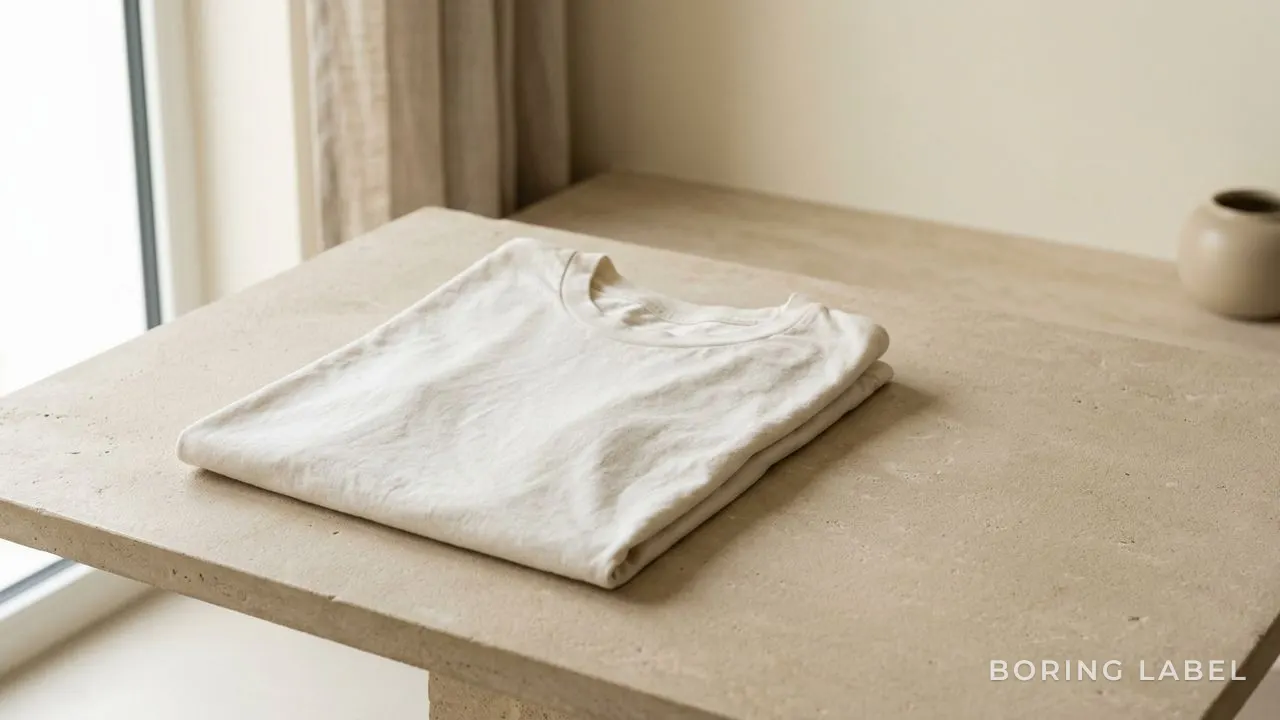 Minimalist editorial still life of a single well-worn plain cotton tee folded neatly on warm stone, soft natural light, neutral earthy palette, calm composition, no text or logo