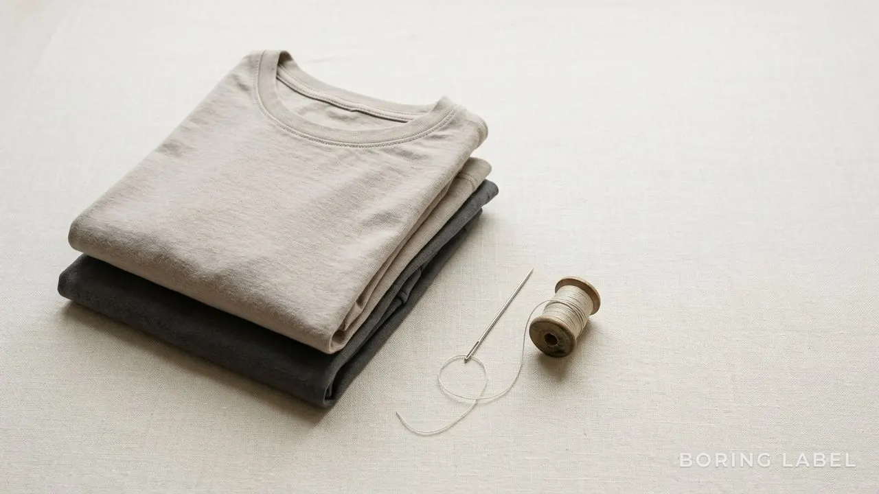 Neutral flat-lay of a small folded stack of plain cotton tees in stone and charcoal beside a simple repair needle and thread, warm daylight, tidy minimal composition