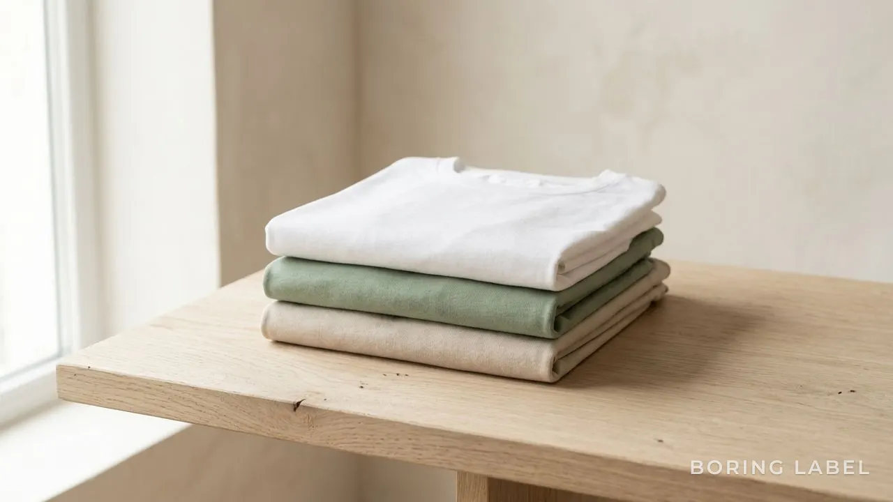 Three folded plain women's t-shirts in white, soft sage and stone stacked neatly on a pale wooden surface, gentle natural light, calm and minimal