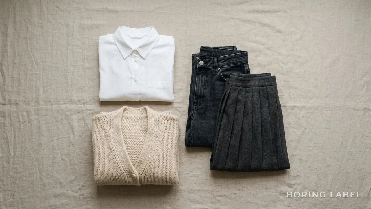 Neutral women's wardrobe flat lay with a white shirt, dark denim, a folded knit cardigan and a midi skirt arranged tidily on a muted linen backdrop