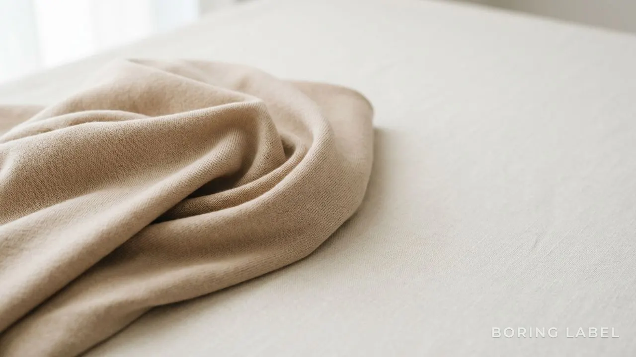 Soft natural light falling across folded fine cotton fabric in a warm neutral tone, close-up showing a smooth even knit and gentle drape