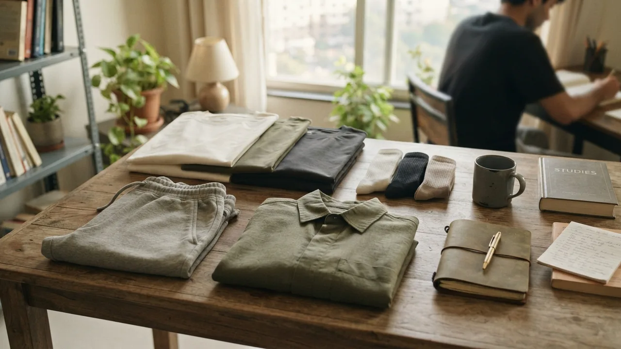 Flat lay of a small college starter wardrobe: three folded neutral t-shirts, joggers, a light overshirt, and a sock pack on a study desk with notebooks nearby, warm daylight