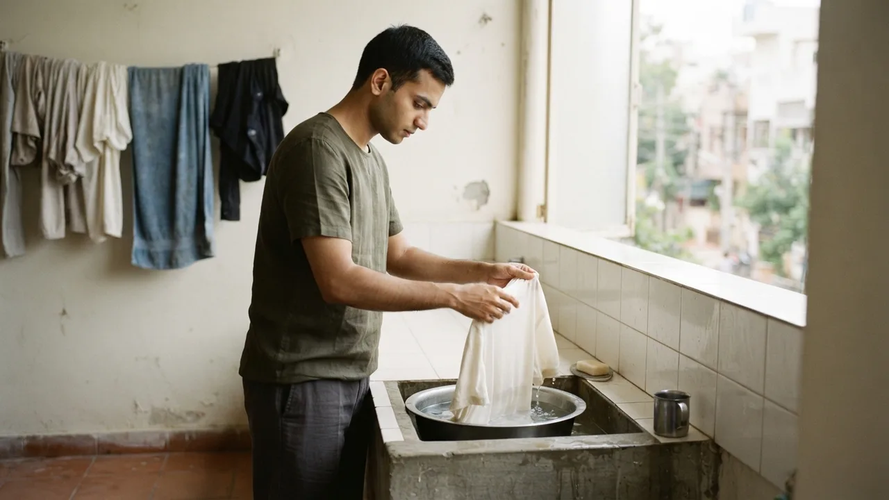 Minimalist editorial photo illustrating making it last through hostel or pg laundry, muted neutral tones, soft natural light, premium plain t-shirt context