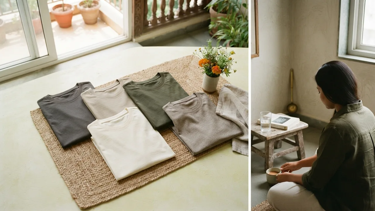Flat lay of coordinated cotton t-shirts in warm and cool neutral tones on a pale surface, soft natural light, minimalist editorial composition