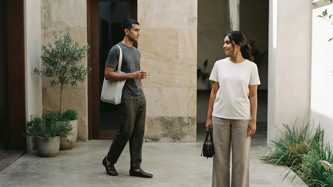 Minimalist editorial photo illustrating rule four: neutrals are not optional, they are the foundation, muted neutral tones, soft natural light, premium plain t-shirt context