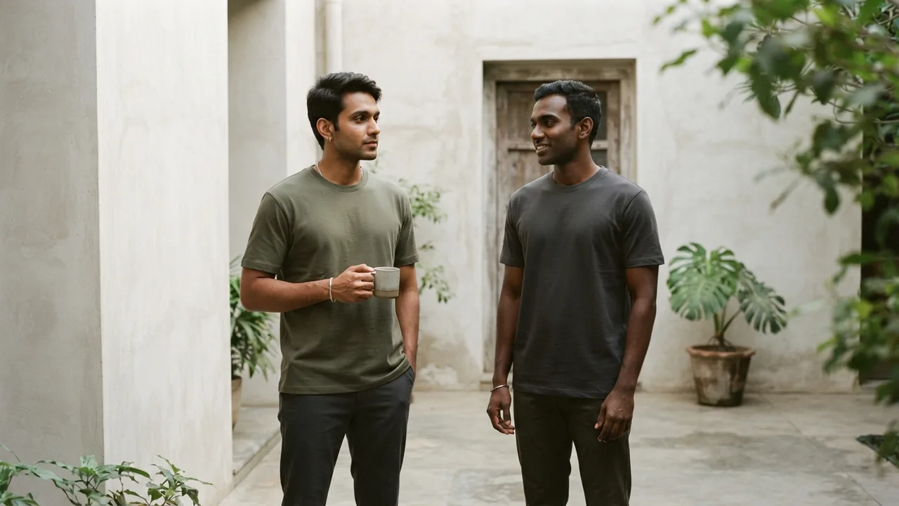 Minimalist editorial photo illustrating matching colour to skin tone, briefly, muted neutral tones, soft natural light, premium plain t-shirt context