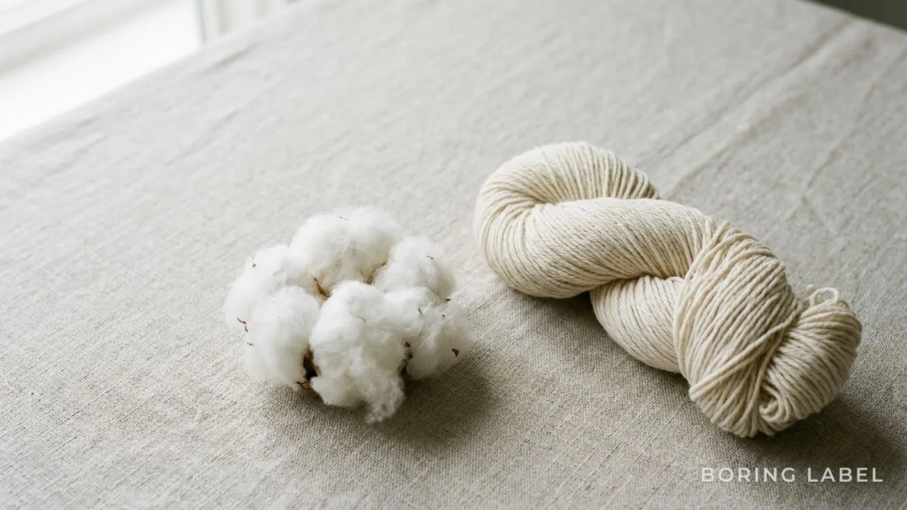 Close-up of raw cotton fibres and a soft hank of natural undyed cotton yarn on a neutral linen surface, soft window light, earthy palette, quiet still life