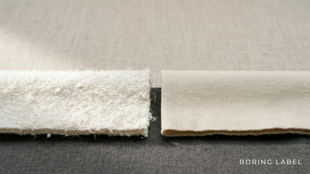 Macro detail of smooth combed cotton jersey beside a fuzzier carded sample, raking side light revealing surface hairiness on one and a clean even face on the other, neutral tones