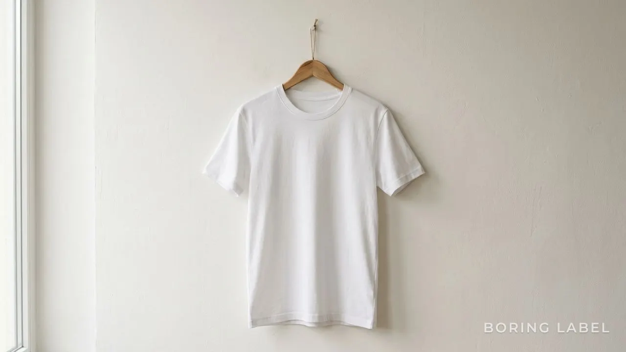 A single smooth plain white cotton t-shirt draped softly over a wooden hanger against a pale wall, clean even surface catching gentle daylight, minimalist editorial composition