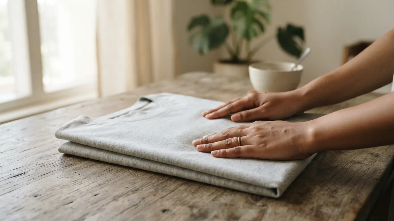 Close-up of hands touching a folded light grey t-shirt on a wooden surface, soft natural window light, calm neutral tones, textile detail