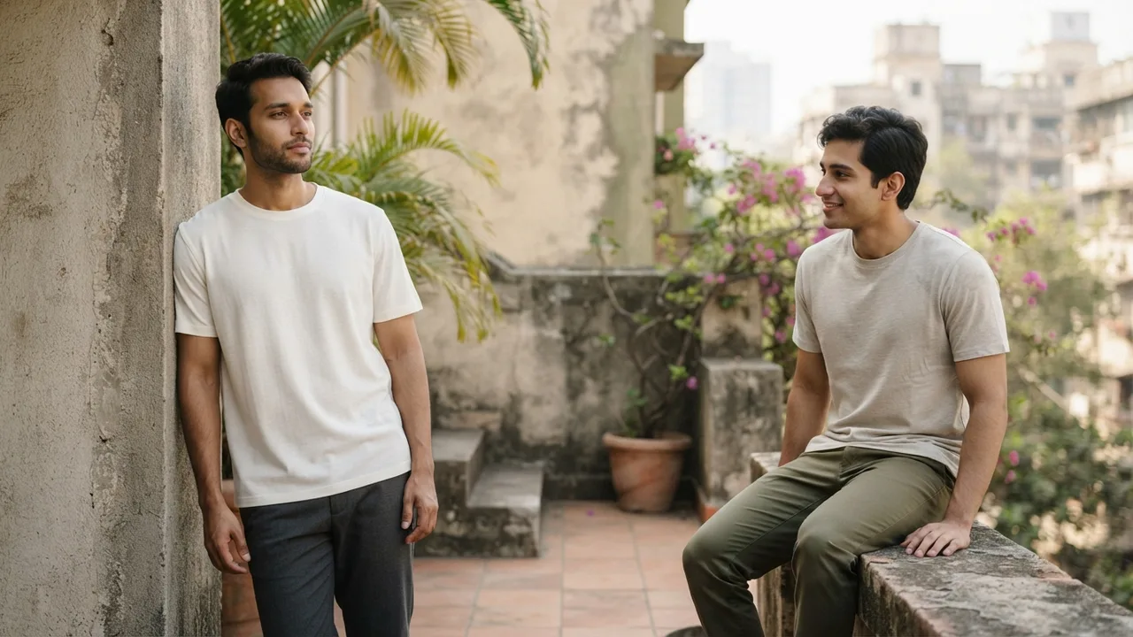 Minimalist editorial photo illustrating cool touch versus breathability: two different things, muted neutral tones, soft natural light, premium plain t-shirt context