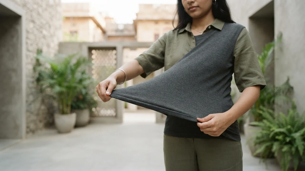 Minimalist editorial photo illustrating **the stretch-and-release test.** pull the fabric gently in one direction and let go. fabric that snaps back cleanly has good structural integrity in its knit, which generally also means it manages airflow and moisture more consistently over repeated wear than fabric that stays stretched out., muted neutral tones, soft natural light, premium plain t-shirt context