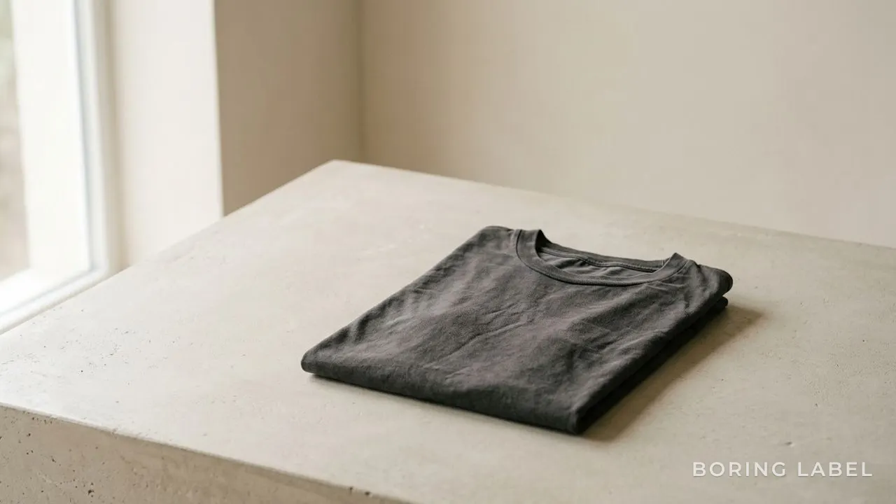 A single well-worn plain cotton t-shirt folded neatly on a pale neutral surface, soft natural light, calm minimalist still life, earthy tones, no logos