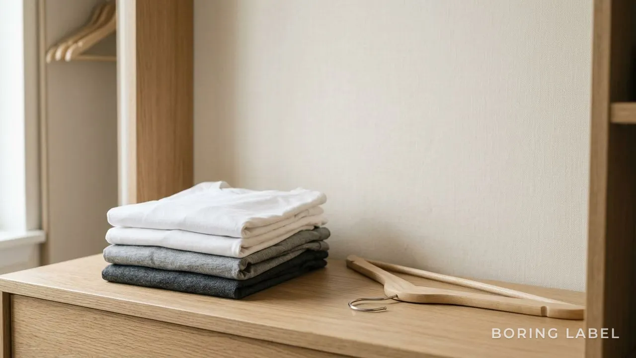 A small stack of folded plain t-shirts in white and grey next to an empty wooden hanger, soft daylight, tidy minimalist wardrobe still life, neutral palette
