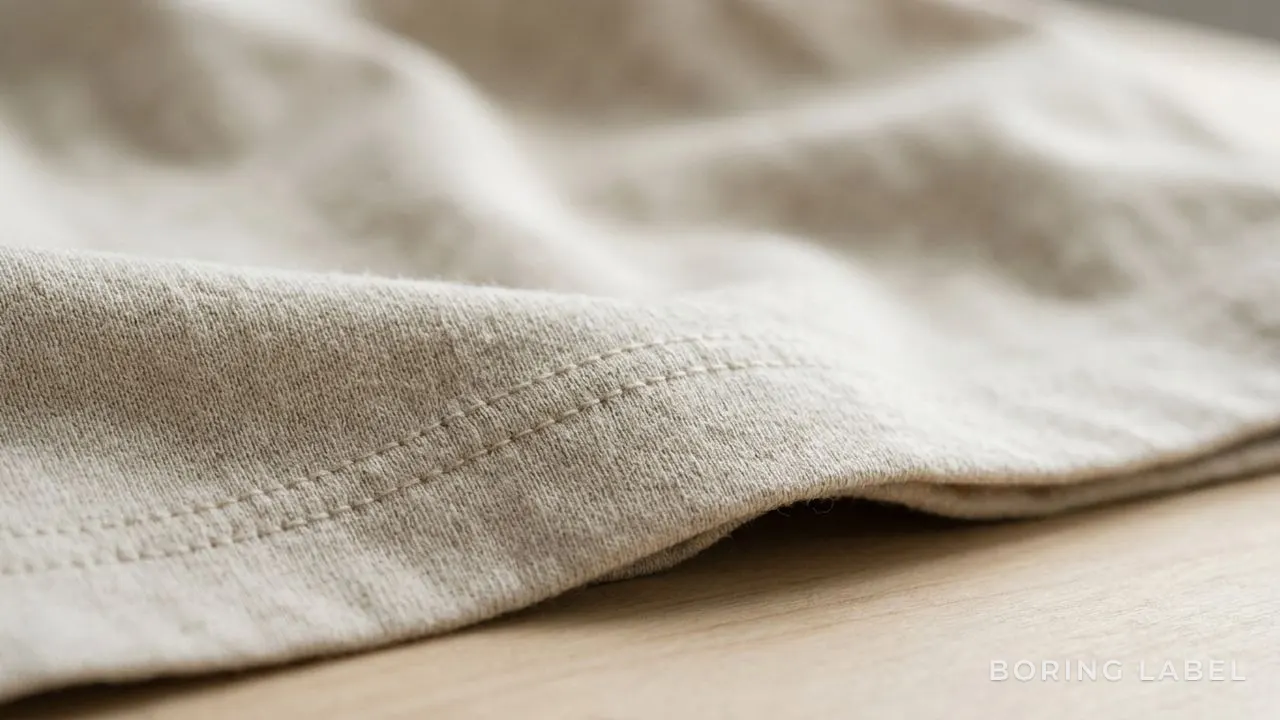 Close-up of soft cotton t-shirt fabric texture and a flat double-stitched hem, warm natural light, neutral earthy tone, calm editorial macro photography