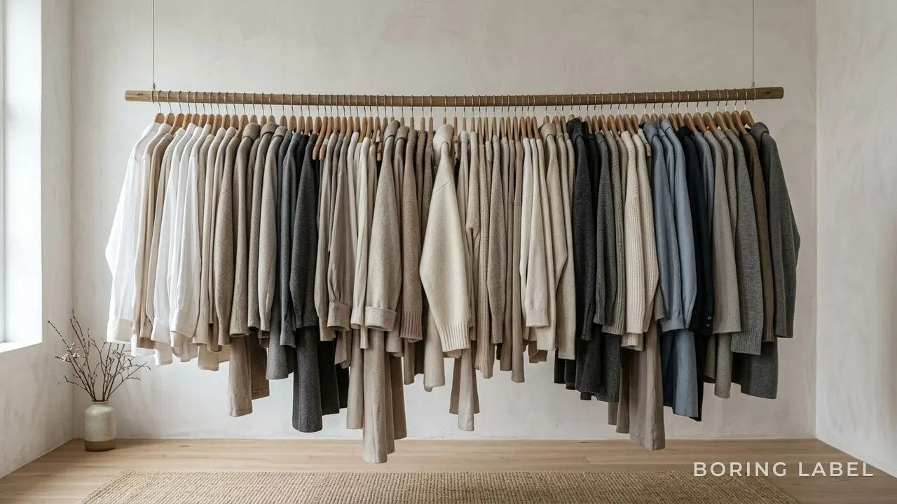 An overstuffed wardrobe rail crammed with mixed clothing in muted neutral tones, soft daylight, minimalist editorial photography, no people, no text