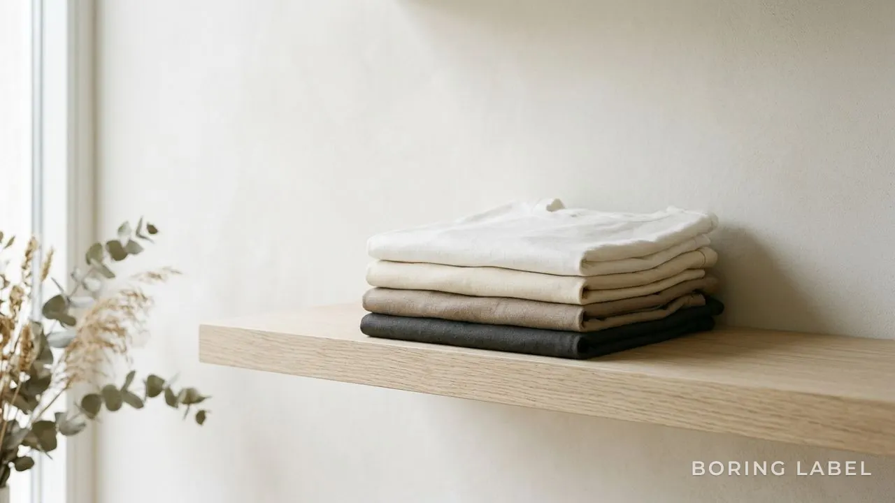 A small neatly folded stack of plain tees in earthy neutral tones on an open shelf, soft daylight, minimalist editorial still-life, no text, no people