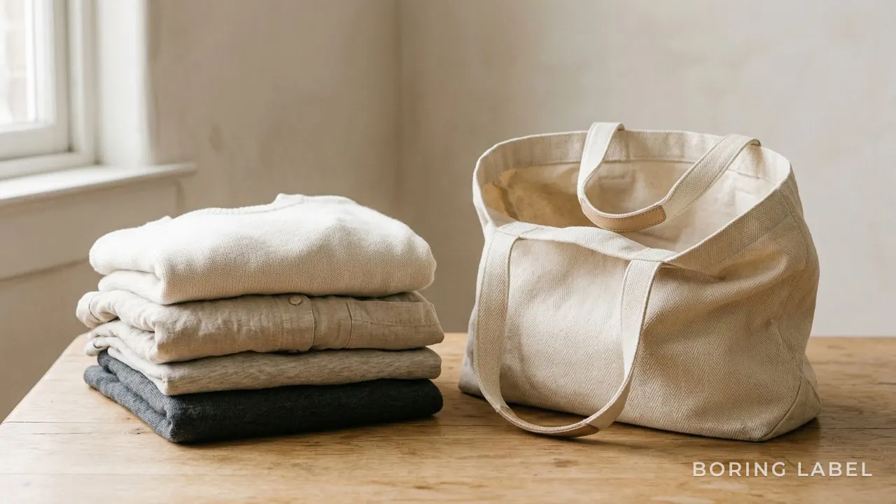 A folded pile of gently used clothes in soft neutral tones beside an open cloth tote, calm daylight, minimalist editorial still-life, no people, no text