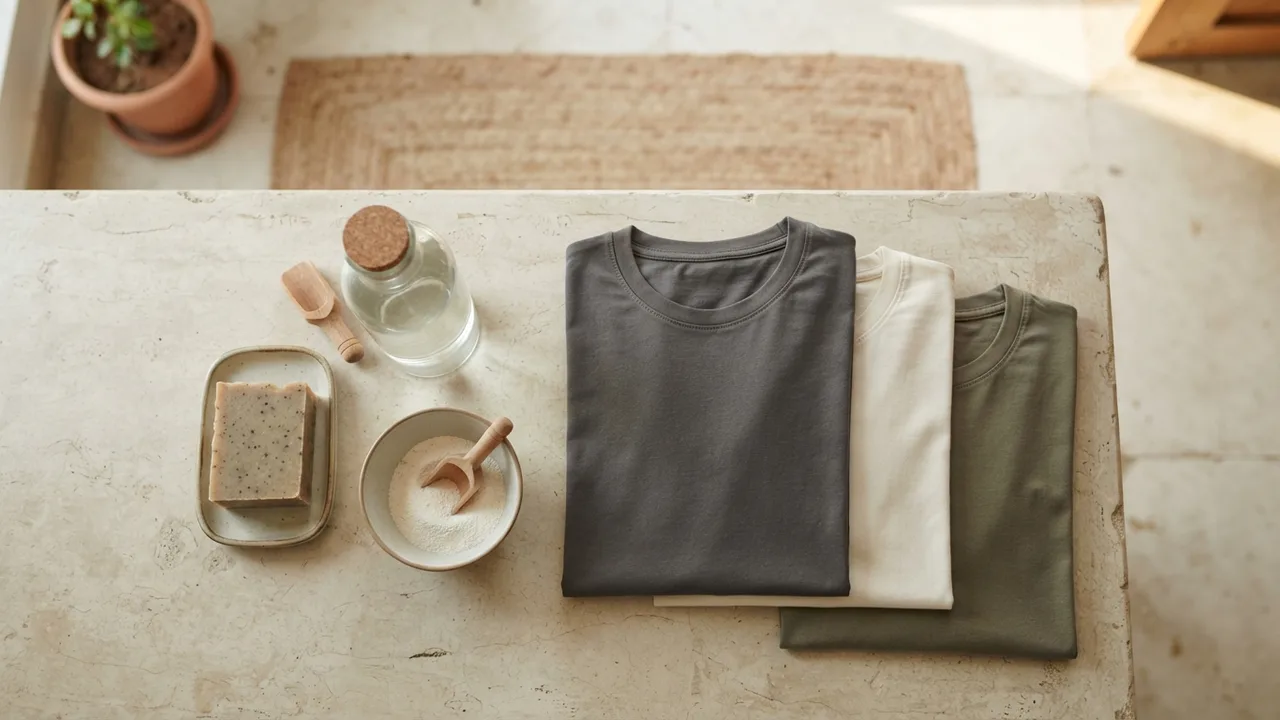 Overhead flat-lay of detergent powder, a liquid detergent bottle, and a bar of laundry soap arranged neatly beside folded cotton t-shirts, natural light, neutral tones