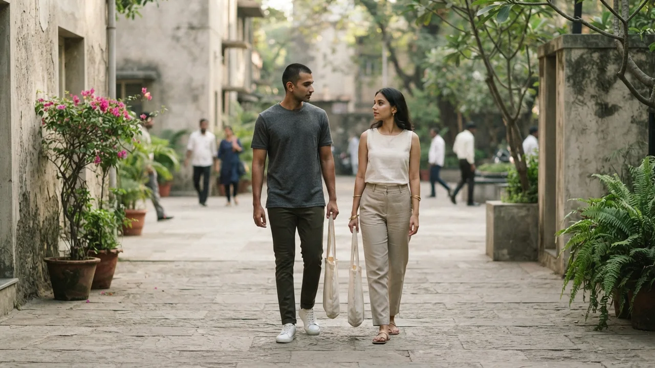 Neutral flat-lay of a deep maroon kurta, dark trousers, and a single gold pocket square on a warm wooden surface, soft diya-lit ambient glow, minimalist editorial styling