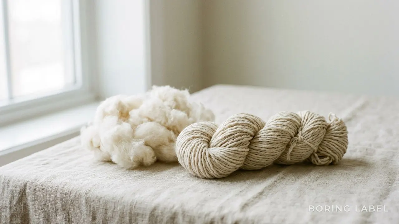 Close-up of soft natural undyed cotton fibres and a loosely twisted hank of yarn resting on a pale linen cloth, soft daylight from a side window, calm neutral palette, quiet still life