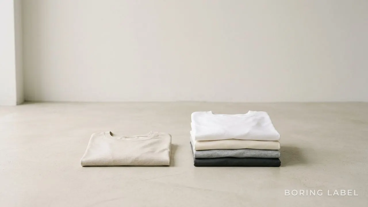 A single plain folded cotton t-shirt on a smooth pale surface beside a stack of neatly folded tees, soft natural daylight, generous negative space, minimalist editorial composition, matte neutral tones